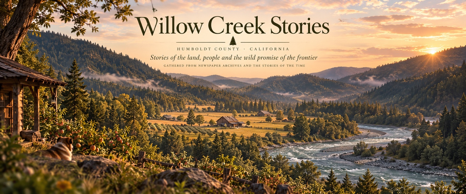 Willow Creek Stories: a porch overlooks orchards, farms and a winding river among forested hills at sunset.